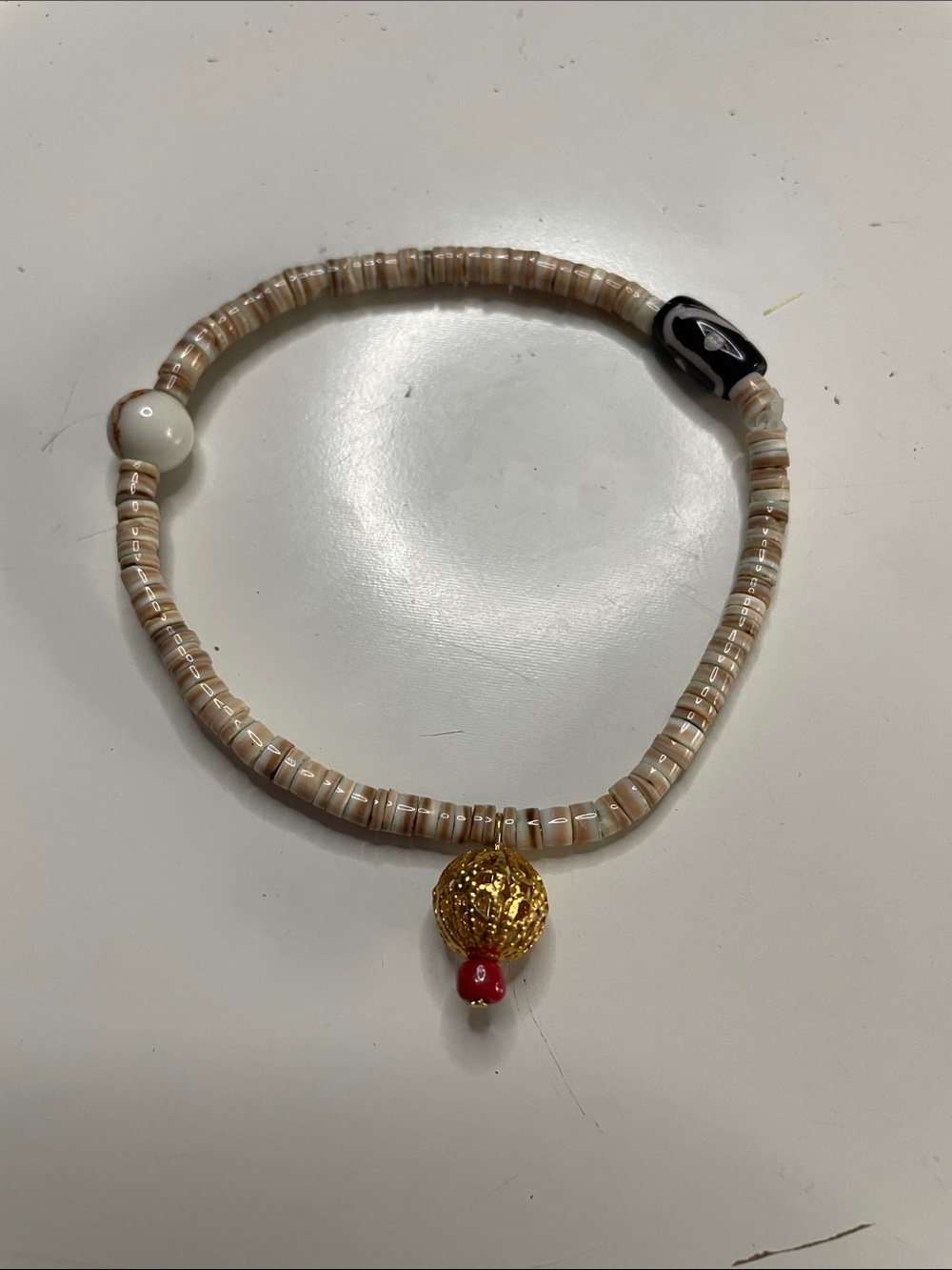 Tiny Beaded Gold-Accent Stretch Bracelet - Beige and Gold